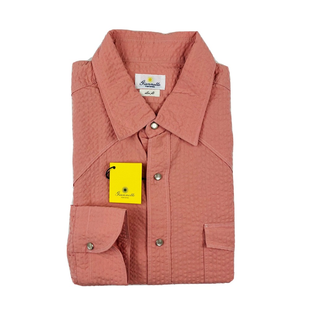 Giannetto Portofino Pink Cotton Seersucker Mens Pearl Snap Size 16.5/42 NWT